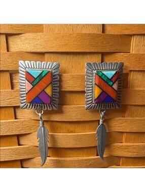 Colorful Geometric Earrings with Feather Charm